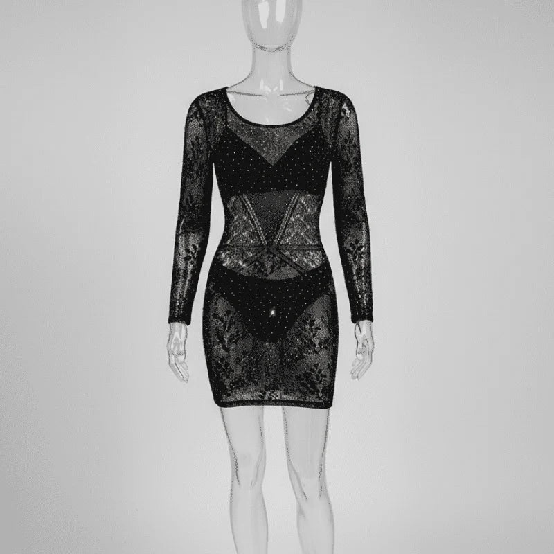 Seductive Black Lace Rhinestone Bodystocking