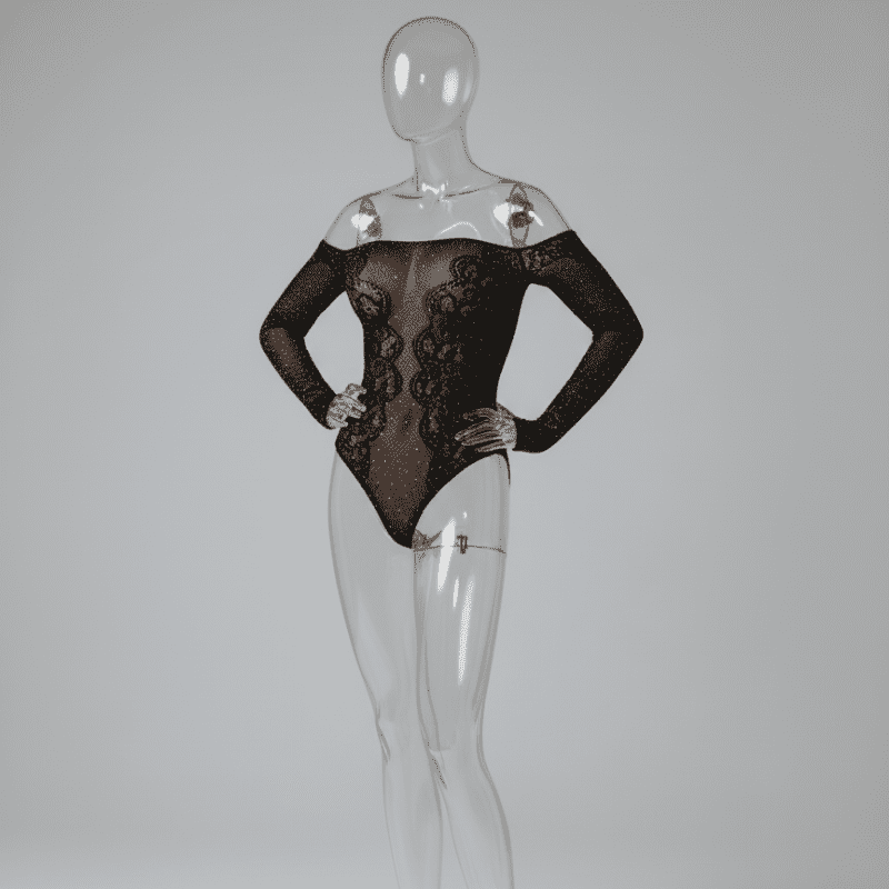 Black Off-Shoulder Rhinestone Lace Bodystocking