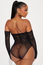 Black Off-Shoulder Rhinestone Lace Bodystocking