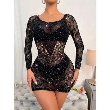 Seductive Black Lace Rhinestone Bodystocking