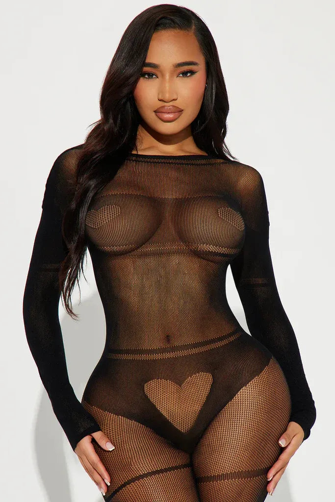 Charming Black Heart Net Full-Body Bodystocking