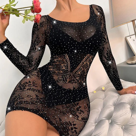 Seductive Black Lace Rhinestone Bodystocking