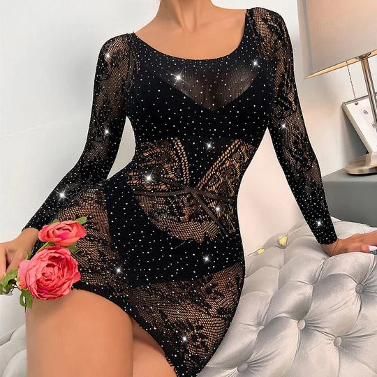 Seductive Black Lace Rhinestone Bodystocking