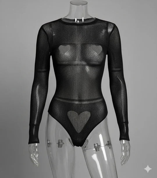 Charming Black Heart Net Full-Body Bodystocking