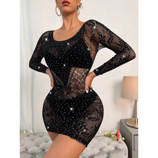 Seductive Black Lace Rhinestone Bodystocking